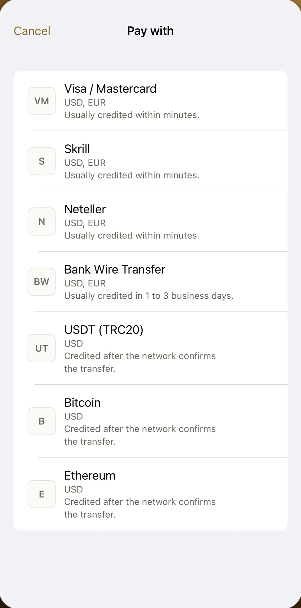 JFD One payment methods
